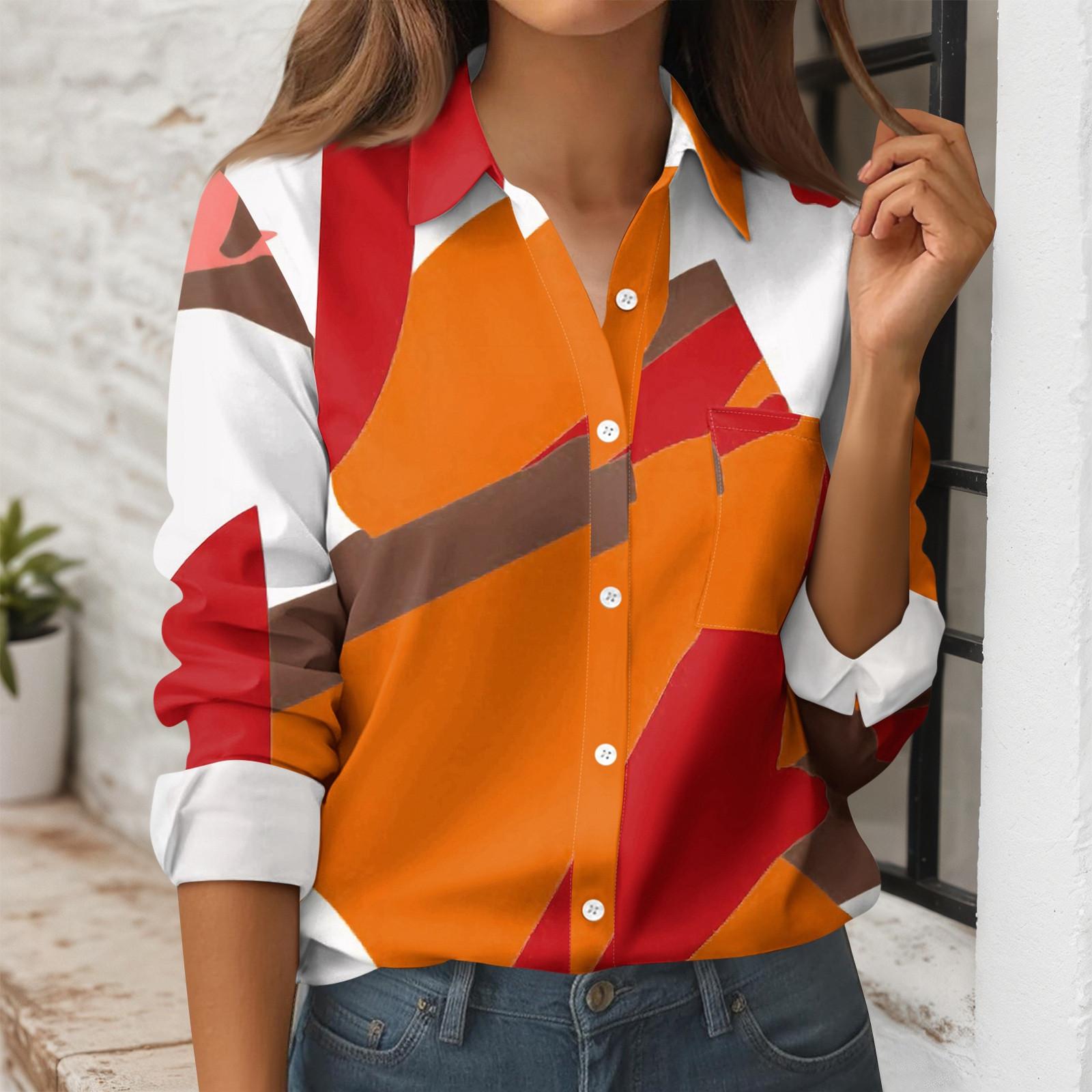 

Women s Button Down Prints Shirt Long Sleeve Shirt Business Work Tops Casual With Pockets Jacket XL шафрановий