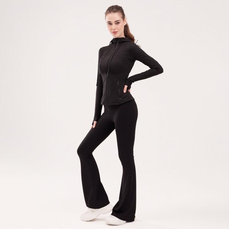 Conjunto de Yoga Delgado para Mujer: Chaqueta con capucha cepillada y pantalones acampanados de cintura alta