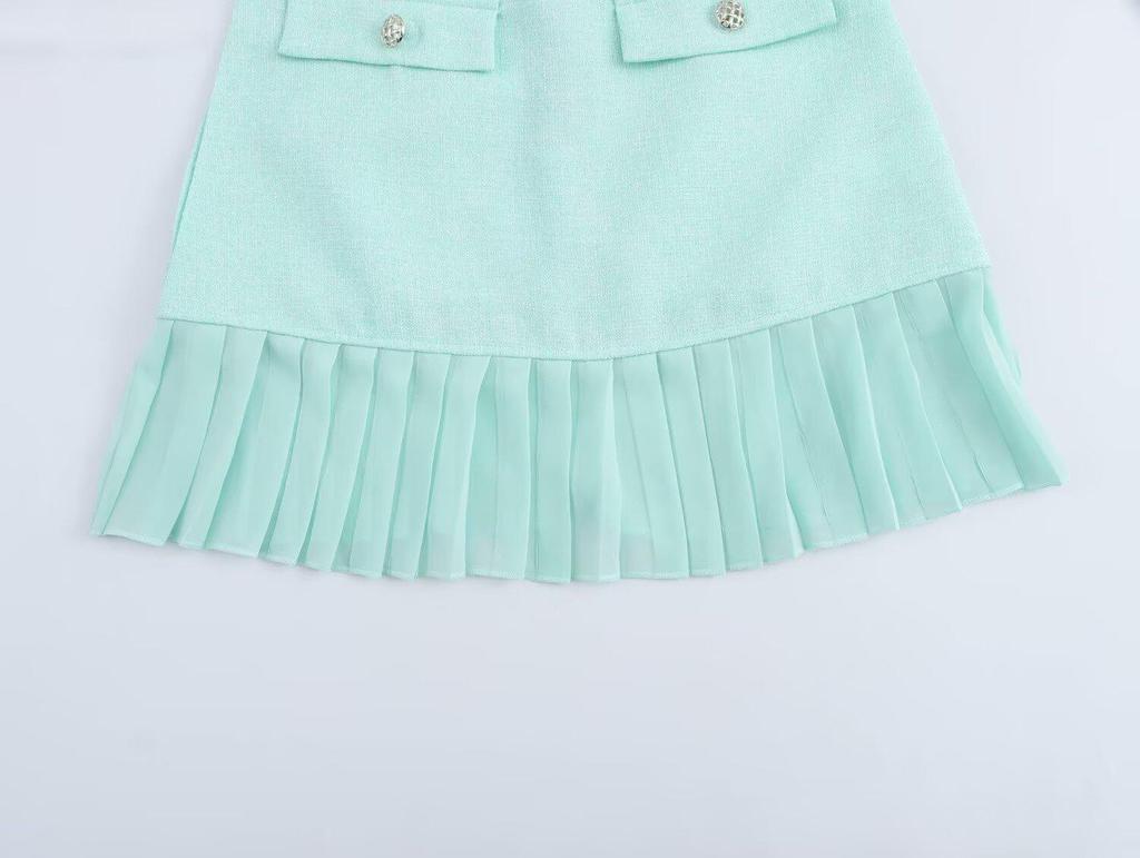 2025 Spring Women's European & American Square Neck Sleeveless Pleated Patchwork Dress