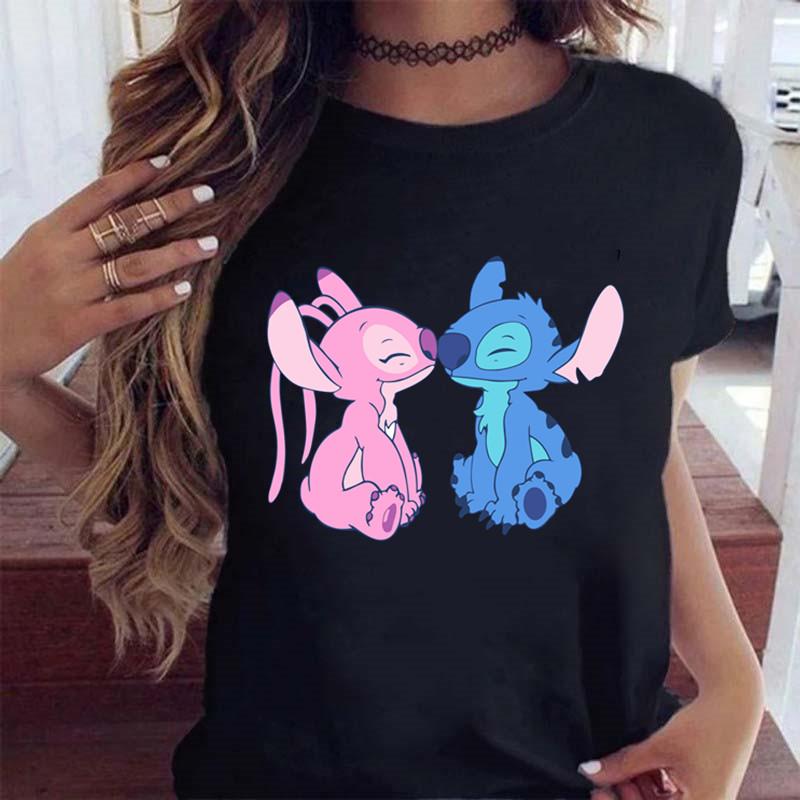 New Fashion FeUnisex Clothing Cartoon Disney Stitch Womens Tshirt Summer Short Sleeve Black Tops