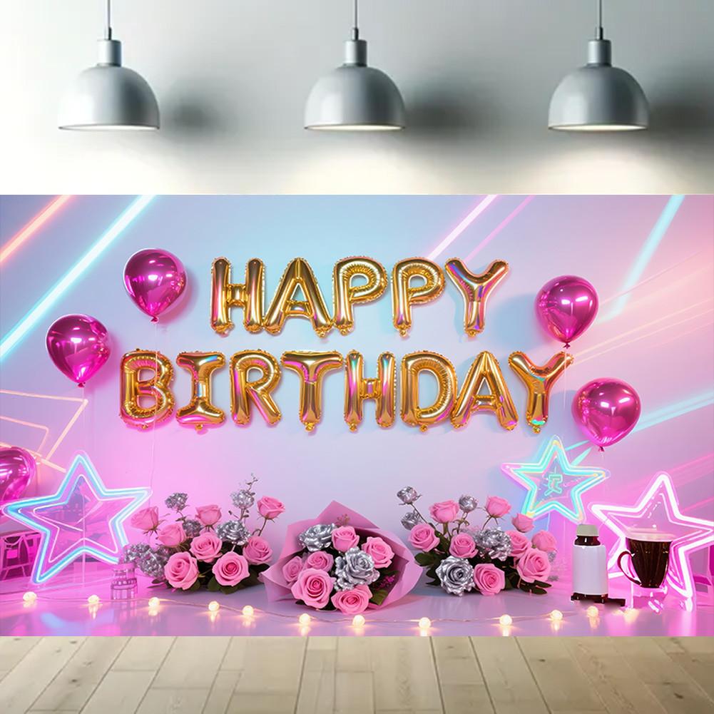 Balloons,Flowers,Stars Theme-Happy Birthday Backdrop Polyester for Photo Booth,Party Event,Indoor/Outdoor Celebrations
