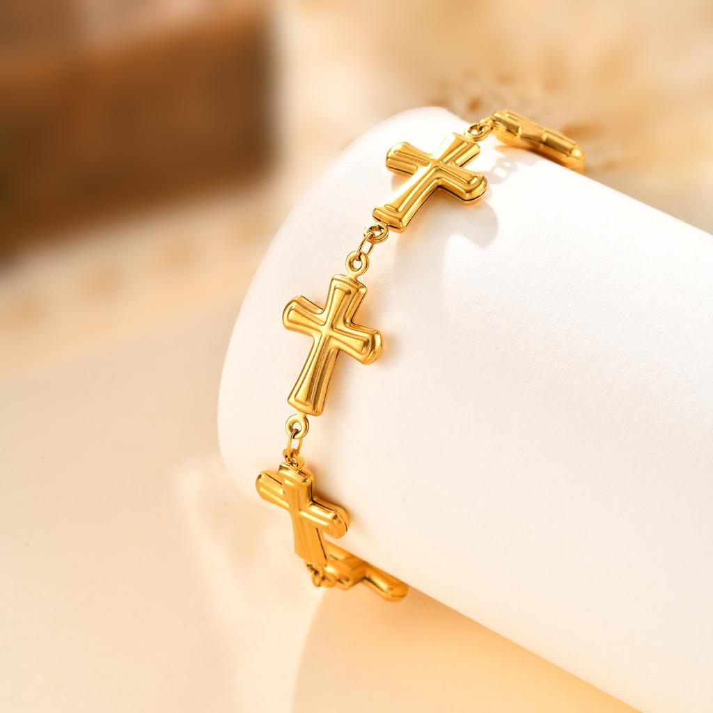 Fashion Stainless Steel Embossed Cross Bracelet Gold Ladies Accessories Jewelry 2475