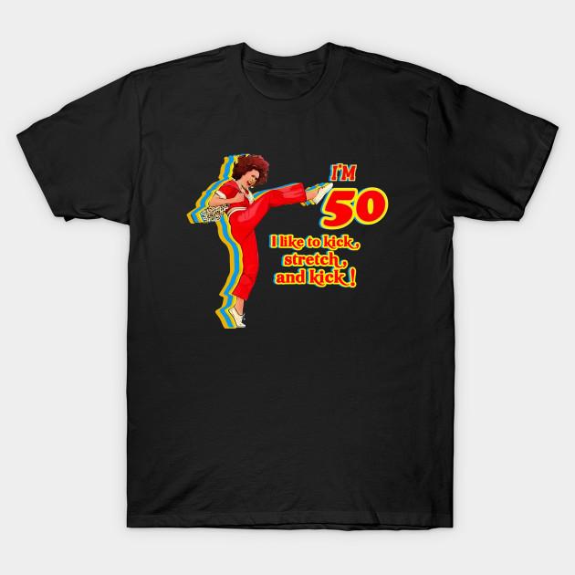 

Men Black Print T-shirt Sally O Malley I M 50 I Like To Kick, Stretch, And Kick! No-Cut Transfer Paper Print Cotton Tshirt L чорний