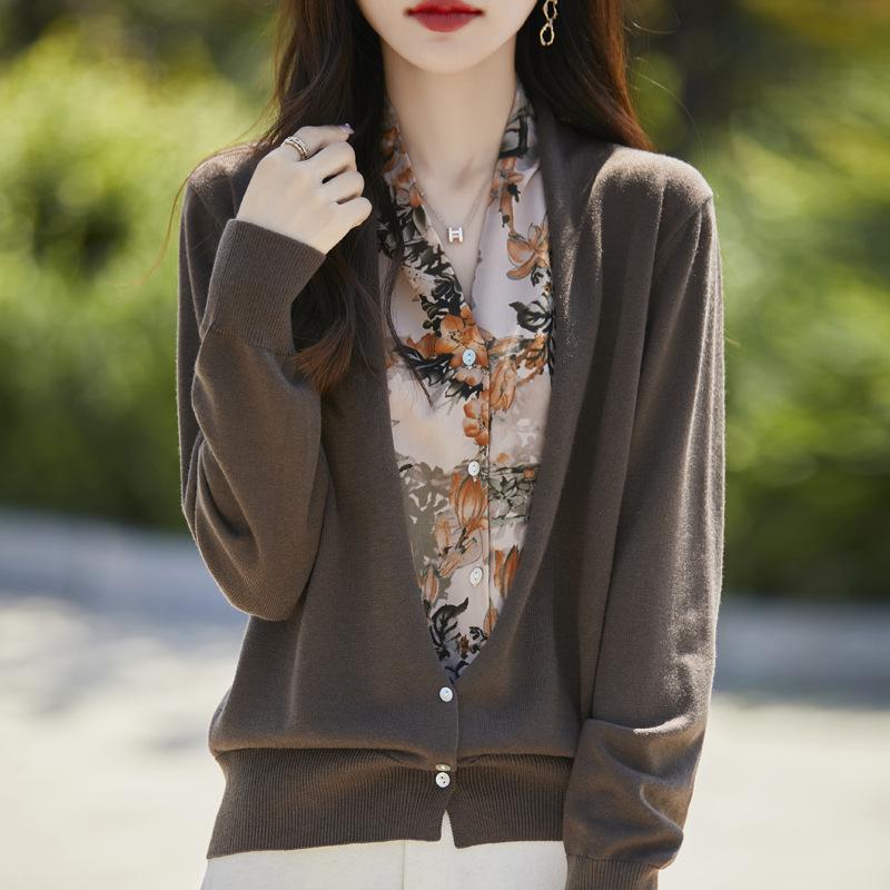 Women's Autumn Patchwork Knit Wool Cardigan - V-Neck Sweater Coat