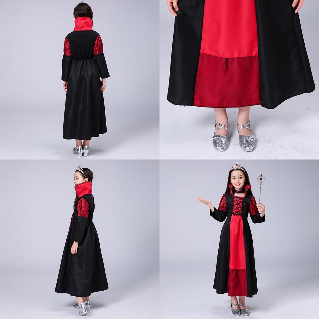 Enchanting Kids Girls Queen Costume Lace Up Witch Dress For Halloween Cosplay