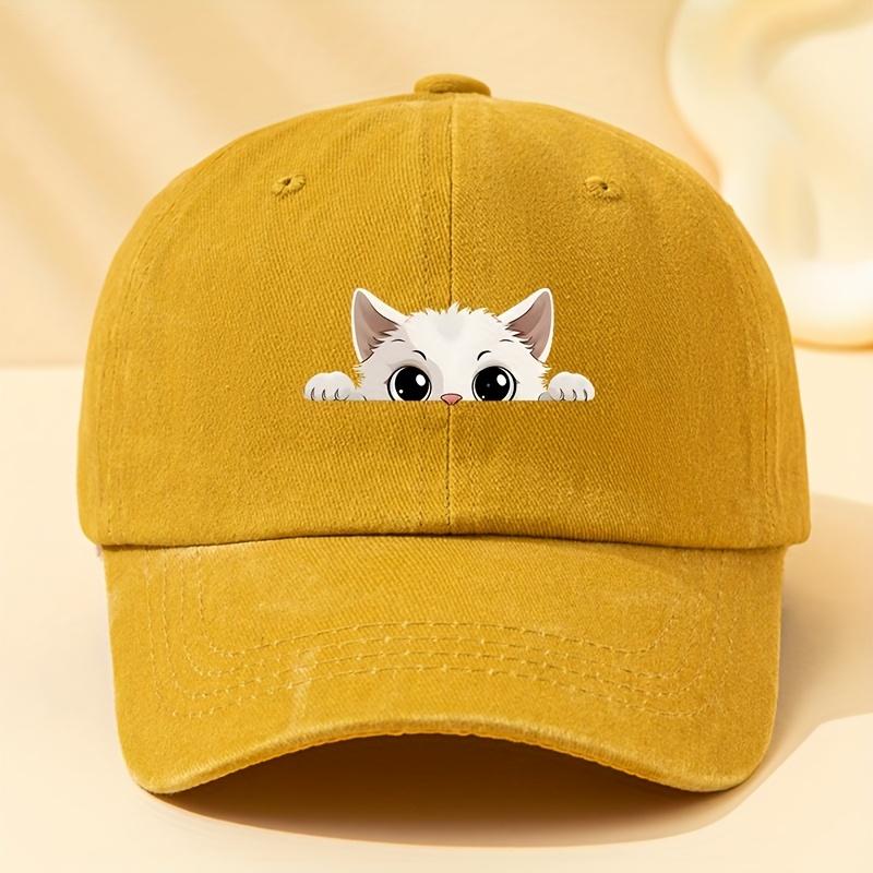 

Cartoon Cat Printed Washed Retro Curved Brim Adjustable Unisex Peaked Cap жовтий