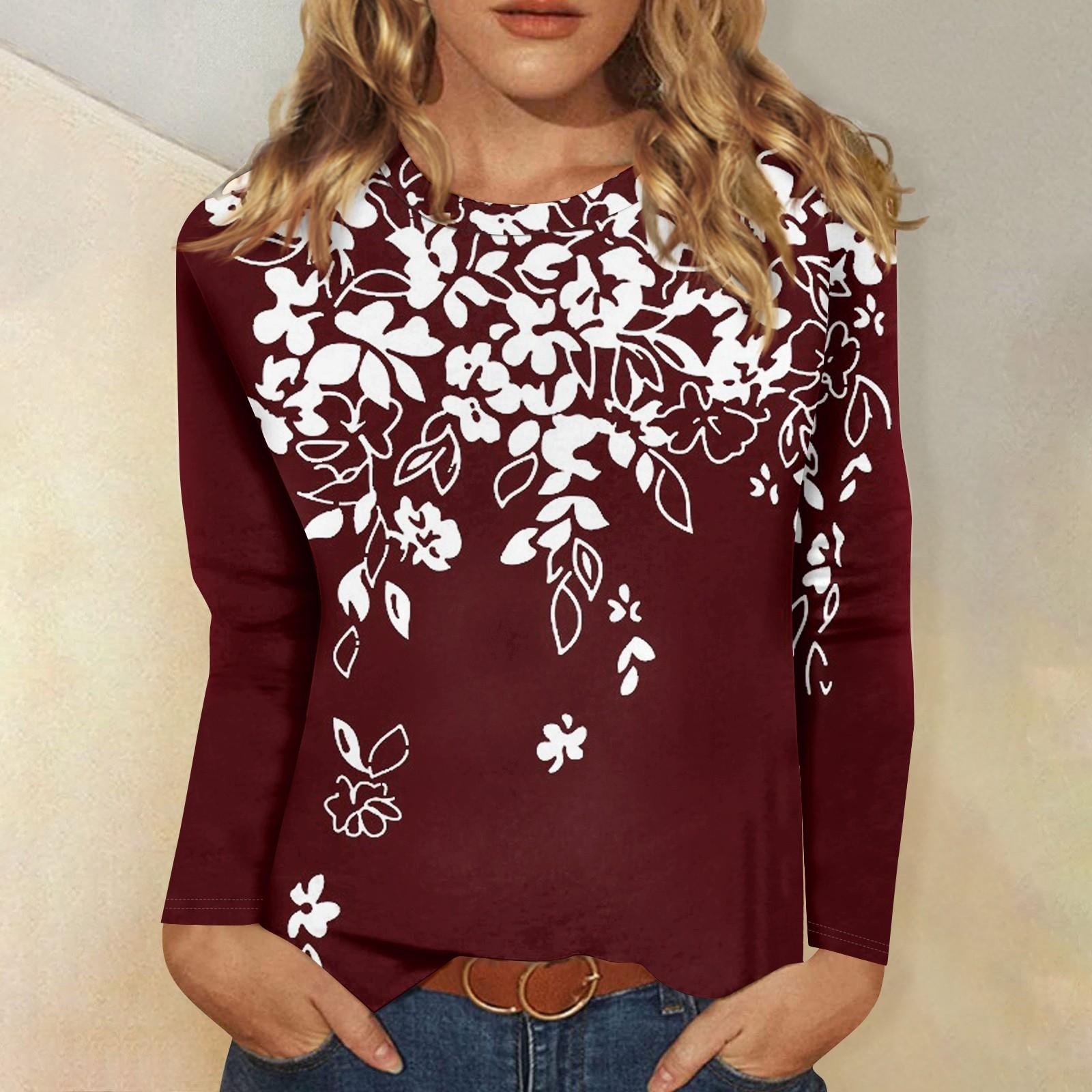 

Рубашки с длинным рукавом для женщин, милые футболки с графическим принтом, блузки, повседневные базовые топы больших размеров, пуловеры XXXXL винный