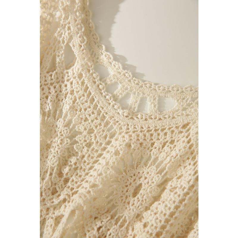 DIMANAF 2024 New Dress Women Knitting Lace Long Hollow Out Sexy Vest O-Neck Hollow Summer Style Tops Tees Loose Basic Black