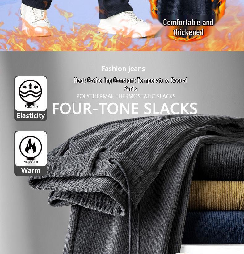 Romon Men's Fleece-Lined Corduroy Pants, Thickened Elastic Waist, Autumn/Winter Warm Casual Style.