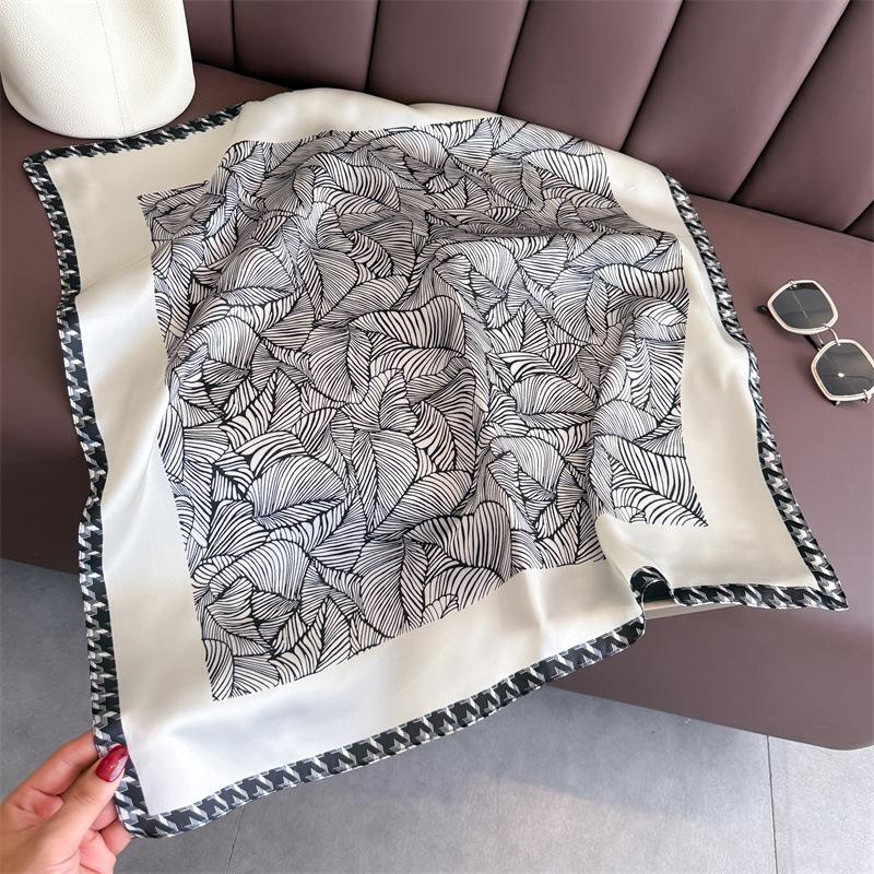 Simple Line Leaf Print Silk Scarf Square Scarf High-end Shawl Sunscreen Neck Small Square Scarf Headscarf Women's Scarf