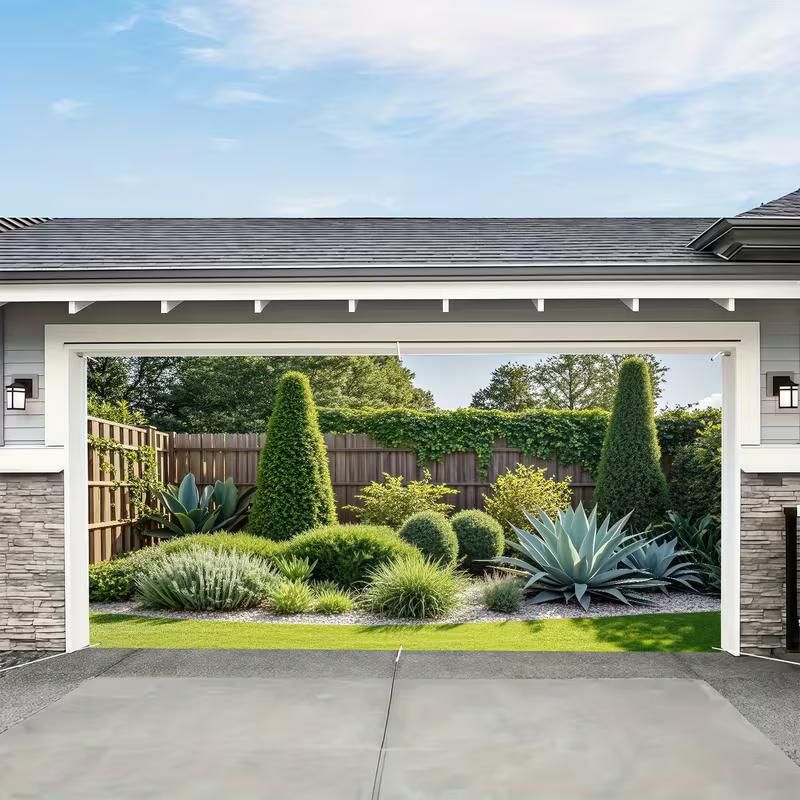 Sunlit Patio Garden Tapestry, Lush Agave Plants & Ivy-Covered Fence Print Wall Hanging