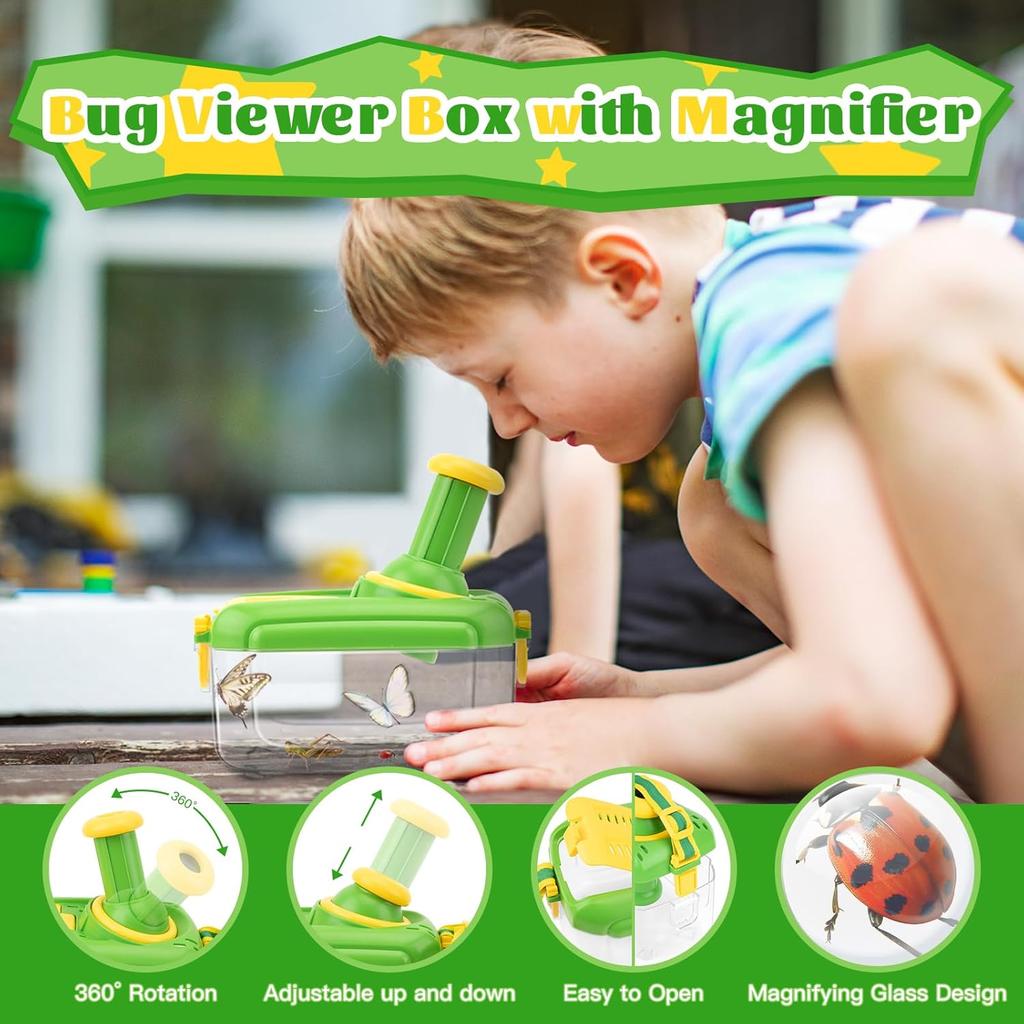 Children's Researcher/Explorer Set (4+): Insect Box, Magnifying Glass, Catcher, 12 Fake Insects, Butterfly Net. Green, Gift for Boys & Girls