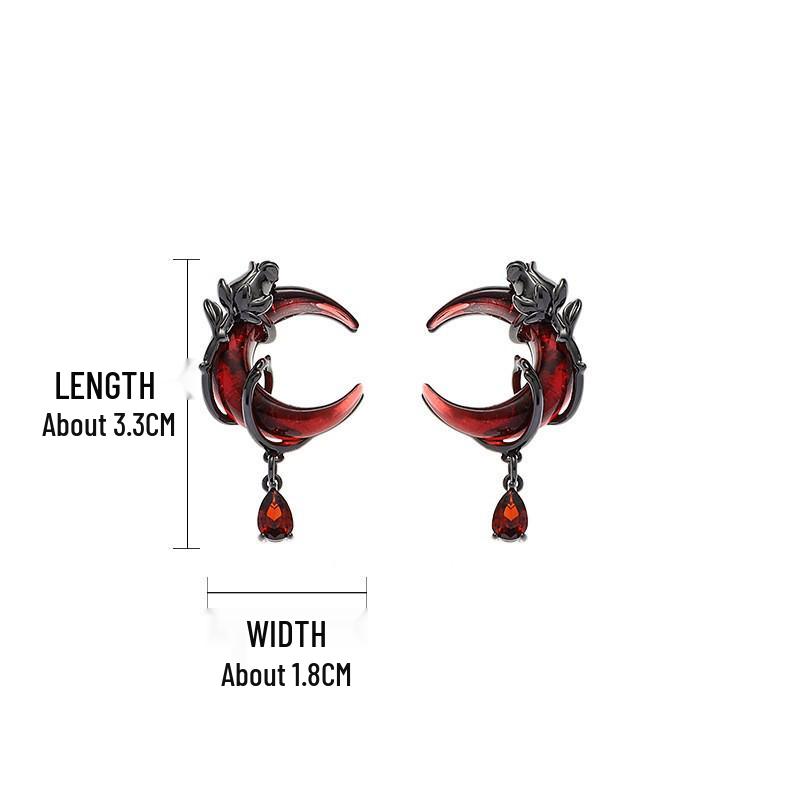 Rose Red Asymmetrical Crescent Earrings: Niche Retro Chinese Design, High-End, Versatile, Fashionable Studs for Women