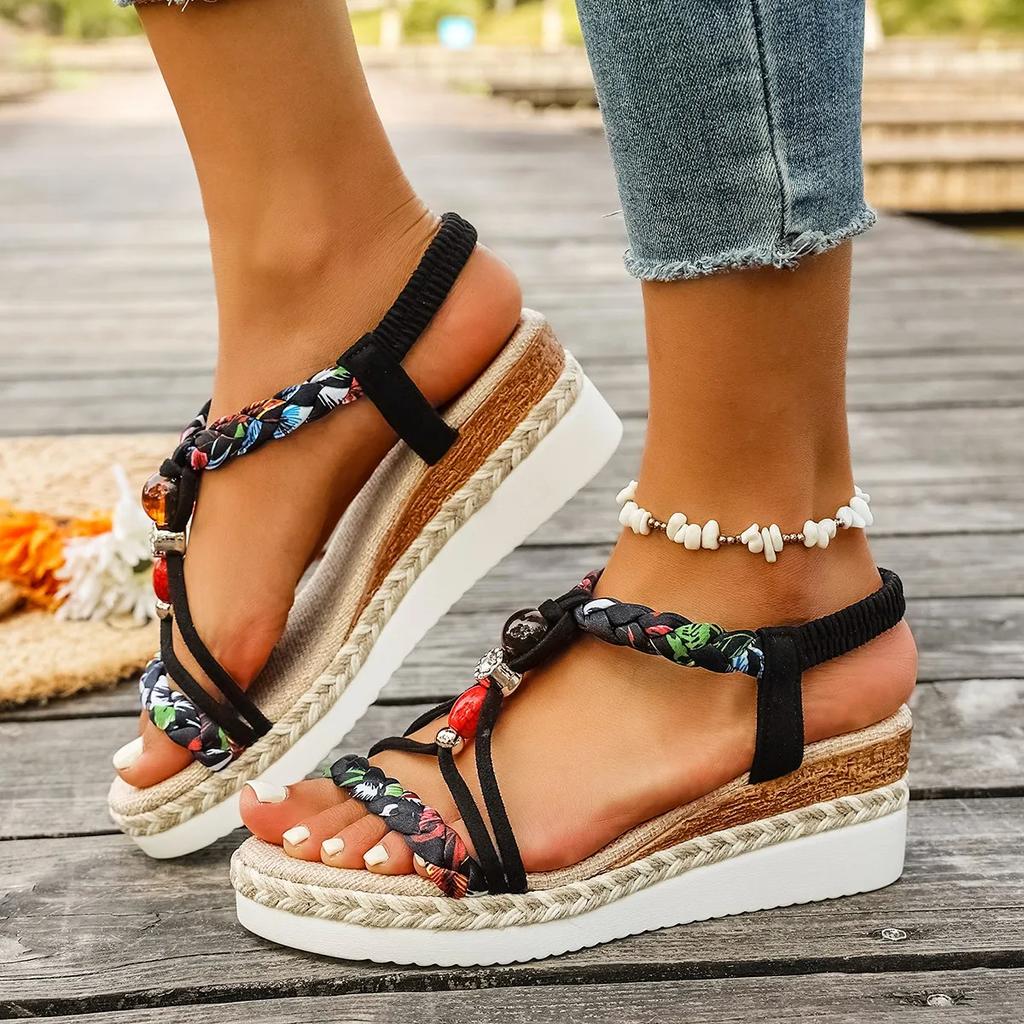 Women'S New Summer Sandals Classic Wedge Thick Sole Elevated Elastic Strap Open Toe Elegant Comfortable Sandals for Women