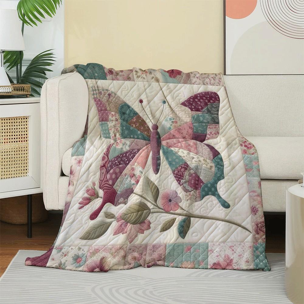 Vintage Patchwork Butterfly Blanket Floral Quilted Cozy Soft Throw Blanket for Sofa Bed Warm Flannel Blanket for Home Decor 130cmx150cm