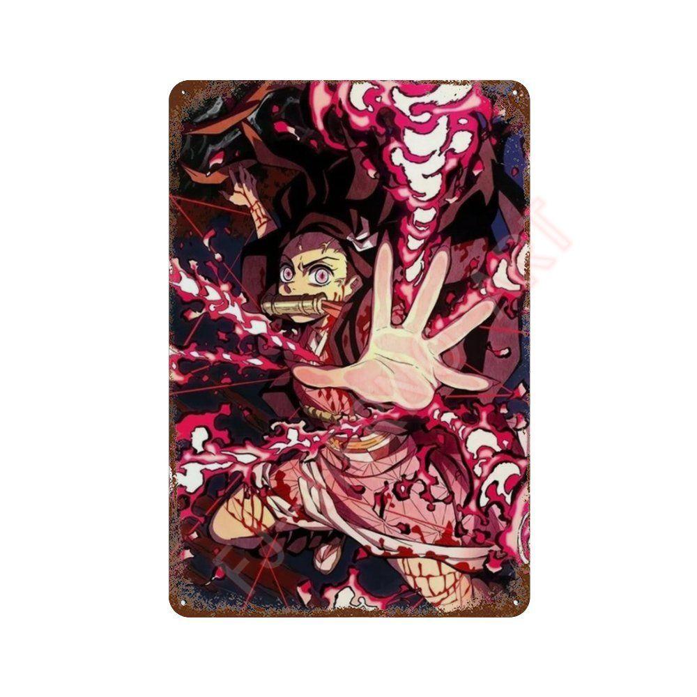 Classic Pop Anime Demon Slayer Kyojuro Rengoku Art Poster Metal Tin Sign Plaque Wall Plates for Living Room Modern Home Decor