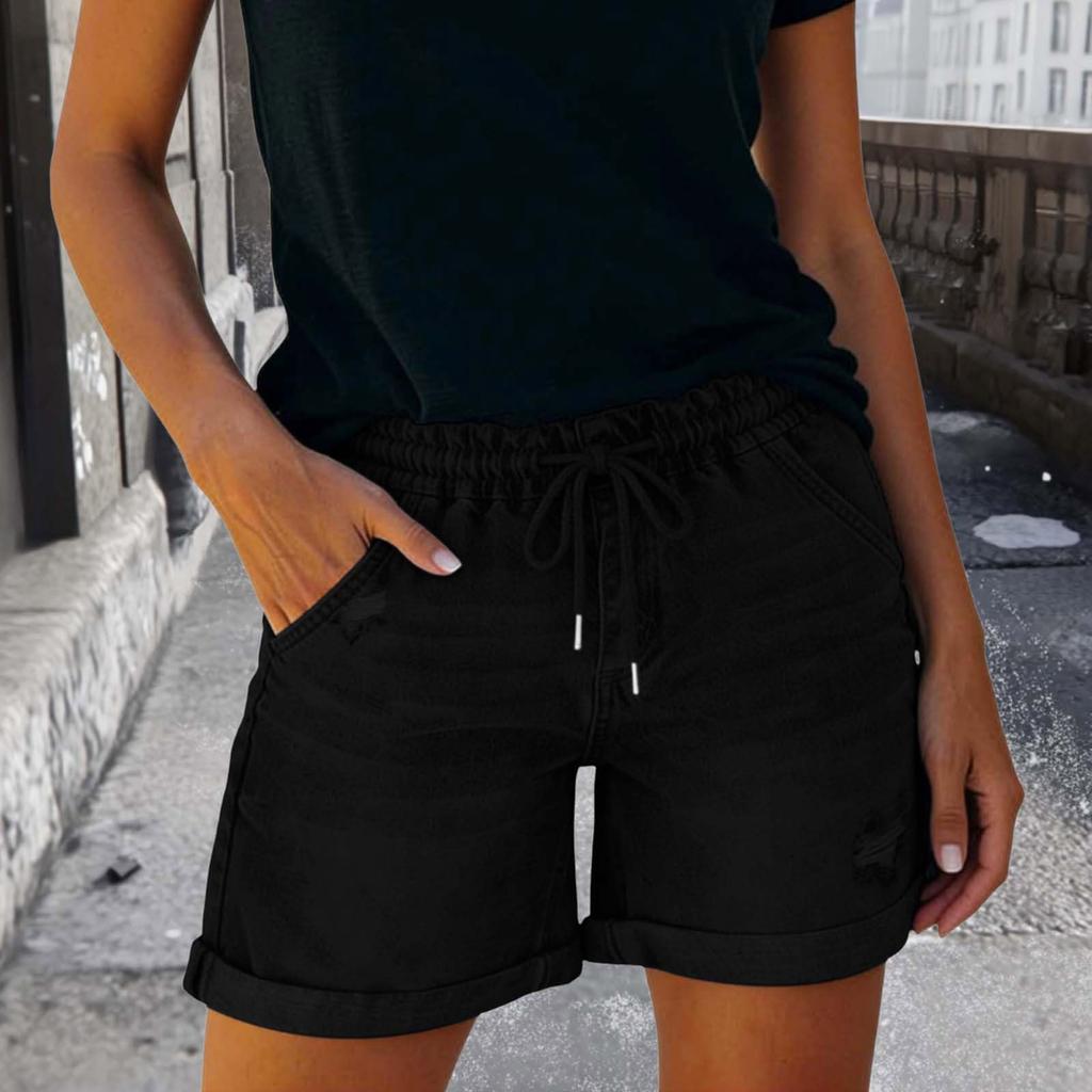 Women Summer Casual Denim Shorts Drawstring Waist Distressed Hem Loose Fit Elastic Waistband Pockets Lightweight Short Pants