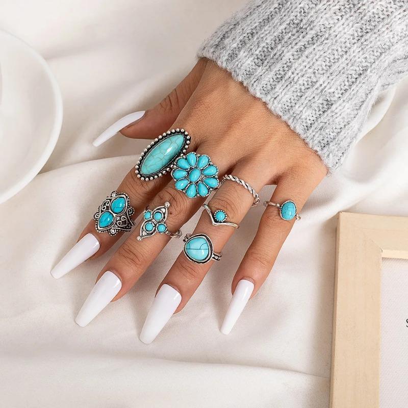 Retro Cactus Turquoise Ring Set 9pcs Faion Jewelry Accories Alloy Embedded Artificial Gemstone New Condition