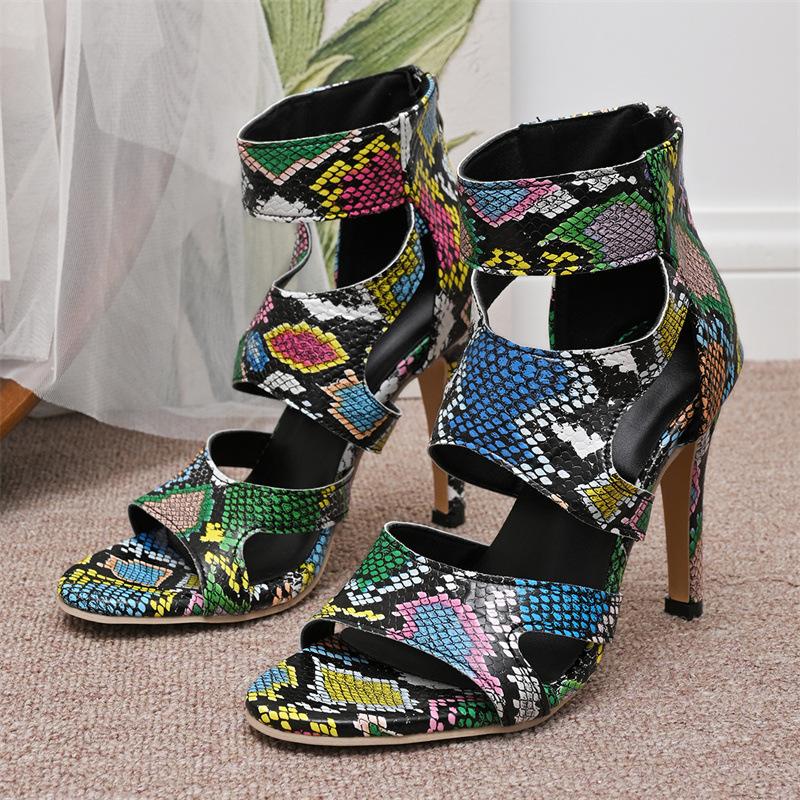 Large size shoes European and American snake pattern colored sandals stiletto rear zipper hollow sexy high heels