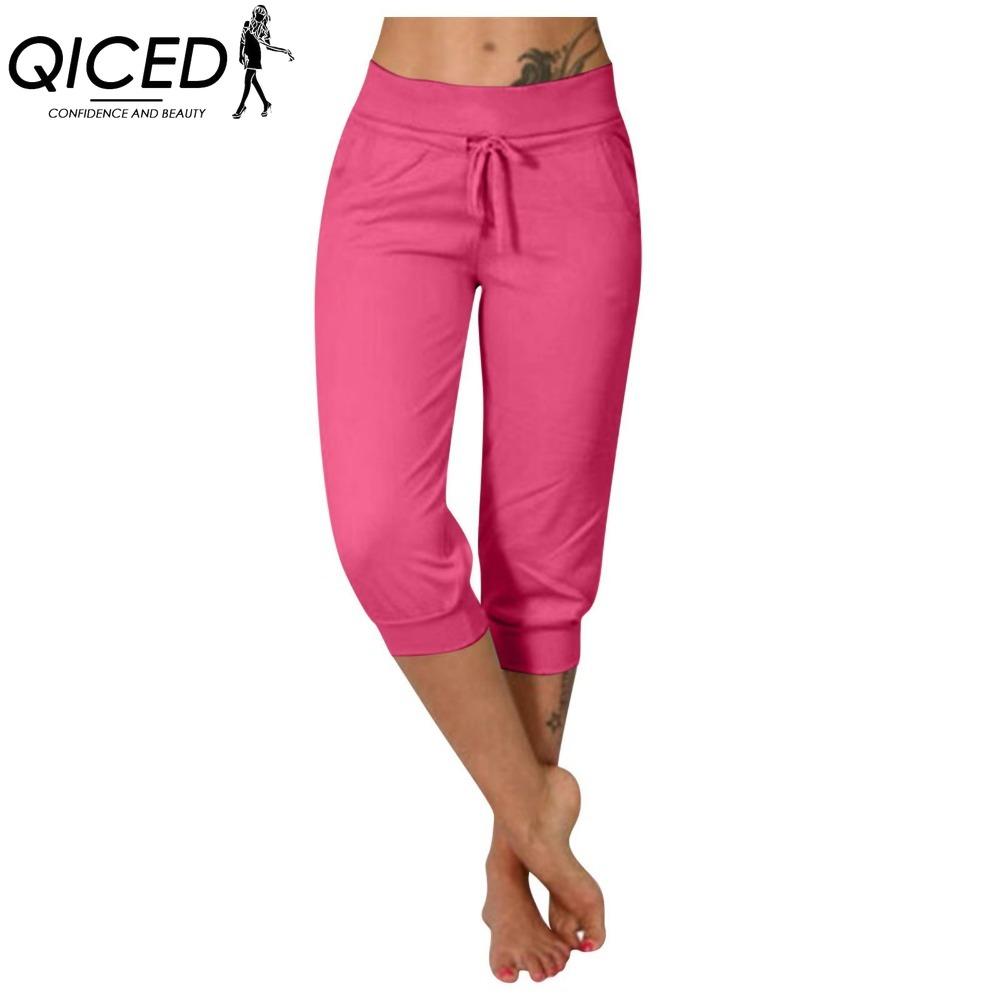 QICED 10barevné dámské módní ležérní jednobarevné kalhoty a capri s potiskem