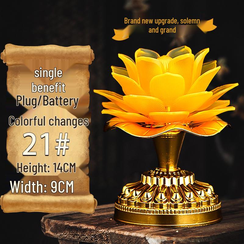 Seven-Color LED Rechargeable Buddha Offering Lamp - Lotus Design for Home and Guanyin Devotion.