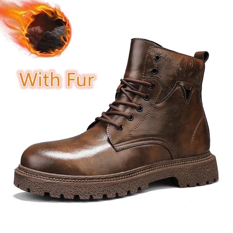 

New Motorcycle Boots Casual Leather Men Walking Boots All-match Man High Top Shoes Brand Men Winter Plush Snow Boots 46