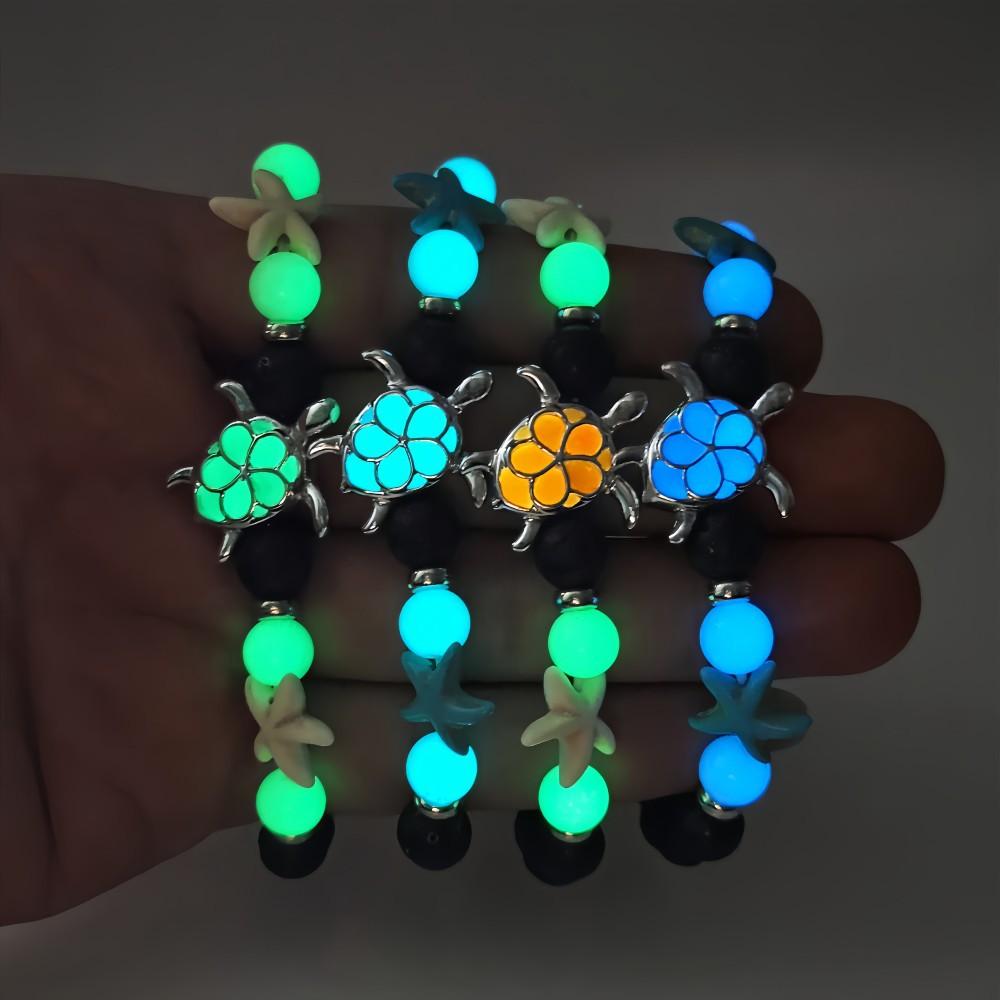 Ocean Wind Luminous Sea Turtle Beaded Bracelet Volcanic Stone Starfish Embellished String Shining Colorful Light Gift