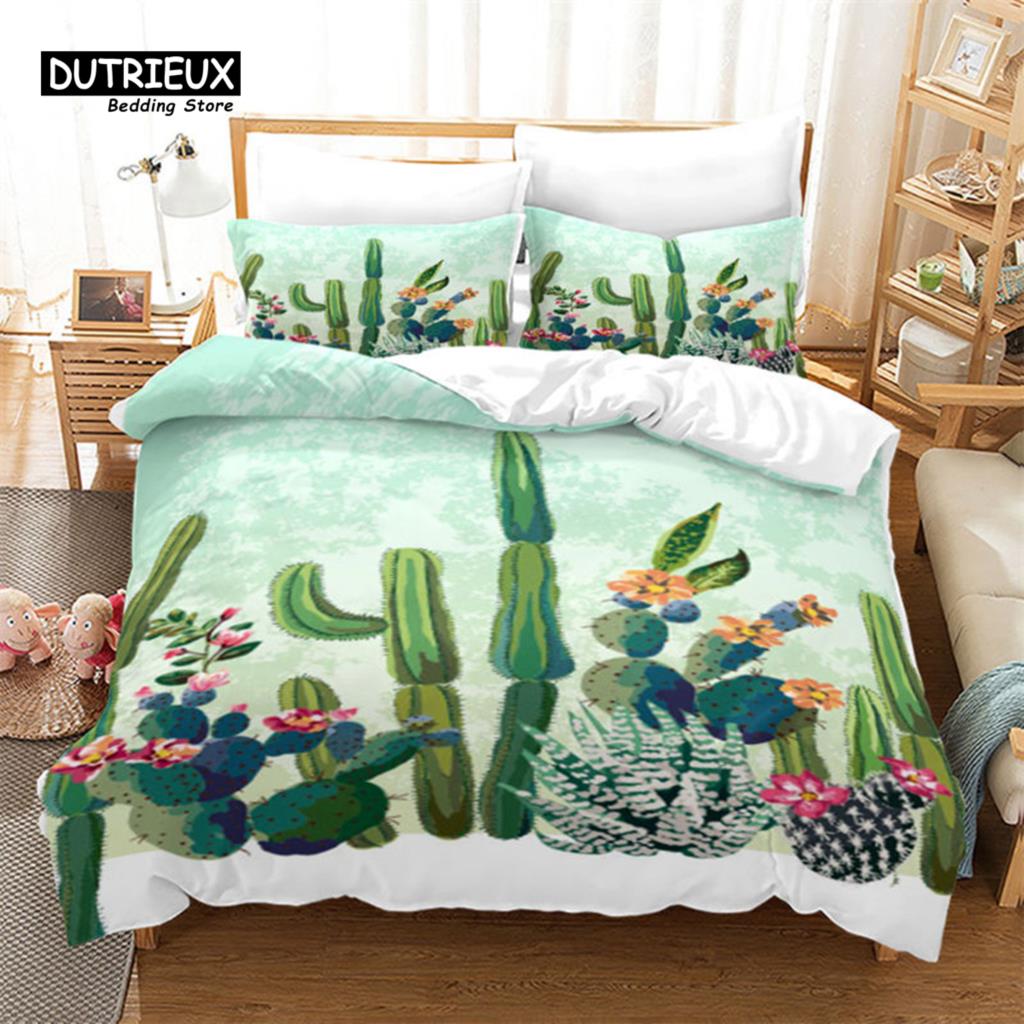 Chic Cactus Bedding Set Queen For Kids Teen Decor Cartoon Green Plants Succulents Duvet Cover Nature Art Floral Comforter Cover