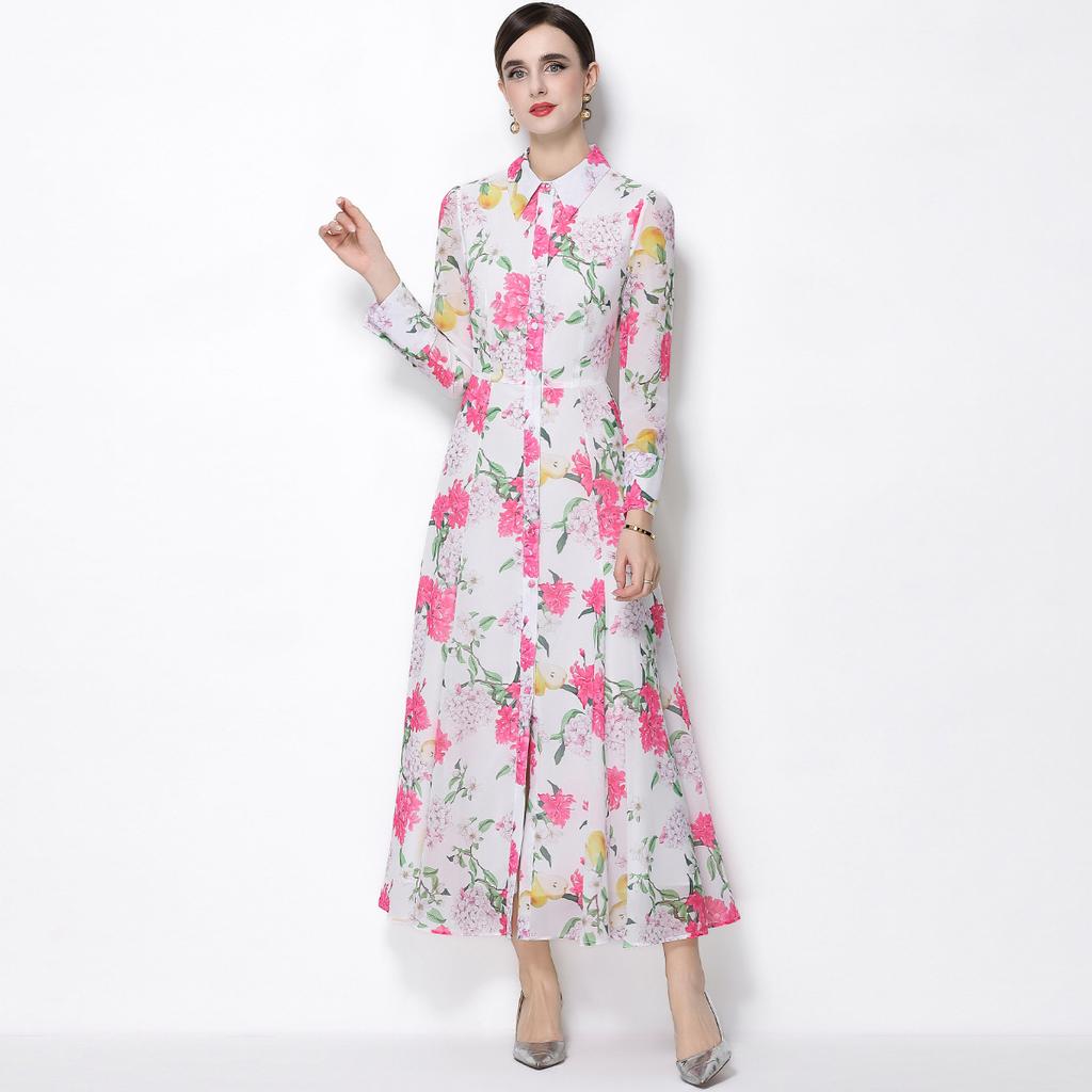 Spring Clothing for Women 2026 New Style High-End Flower Printed Belt Slim-Fitting Long French Long Sleeve Chiffon Maxi Dress
