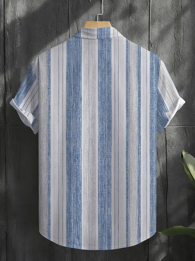 Men'S Stylish Short-Sleeve Shirt, a Trendy New Blue And White Striped Short-Sleeve Shirt for Summer Wear, Perfect for Casual Outings, Beach Vacations,