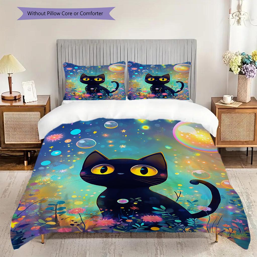 Black Cat Pattern Bedding Quilt Set Quilt Cover Pillowcase Home Decoration Birthday Gift (1 * Duvet Cover + 2 * Pillowcase, Without Core)
