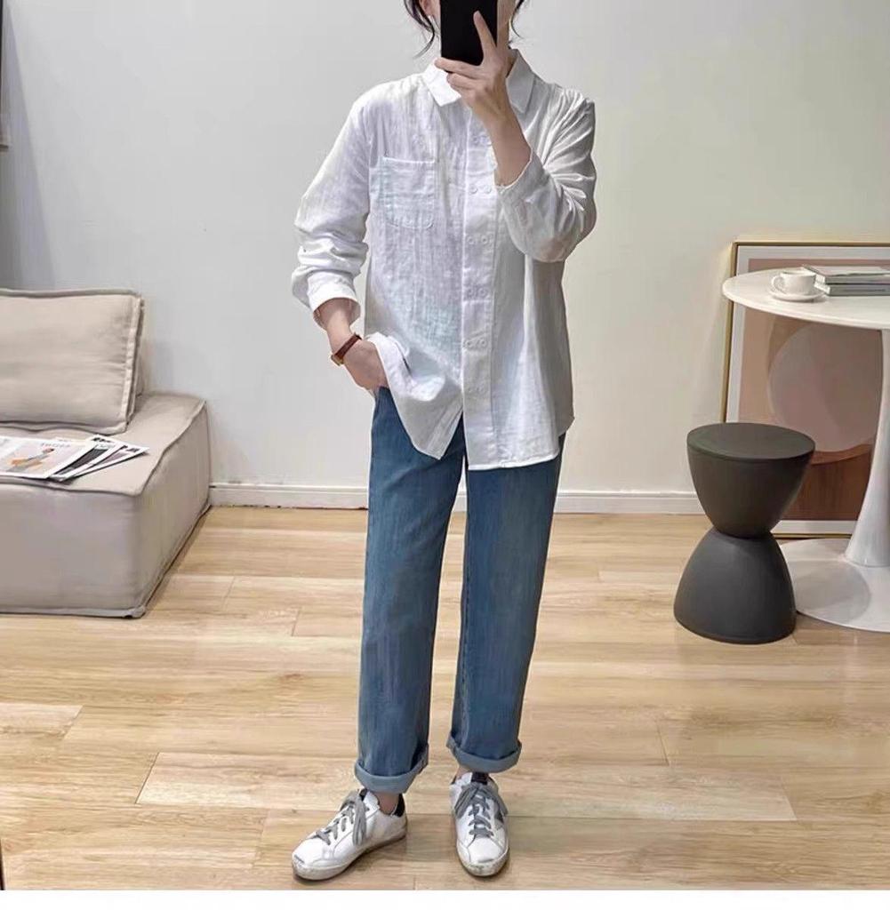 Women's Retro Double-Breasted Cotton Linen Long-Sleeve Polo Shirt