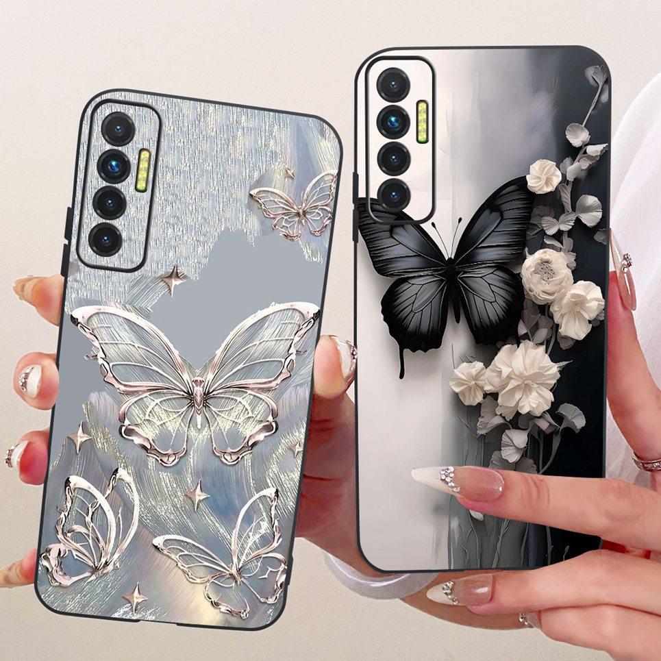 Luxury Flower Butterfly Bow Pattern Casing For Tecno Camon 17P 17 Pro Back Cover Clear Soft Silicone Phone Case For Camon17