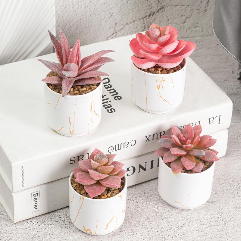 Gold Pattern White Background Ceramic Cup, Simulated Succulent Plant Potted Plant, Mini Potted Plant Office Home Supermarket Decorative Ornament