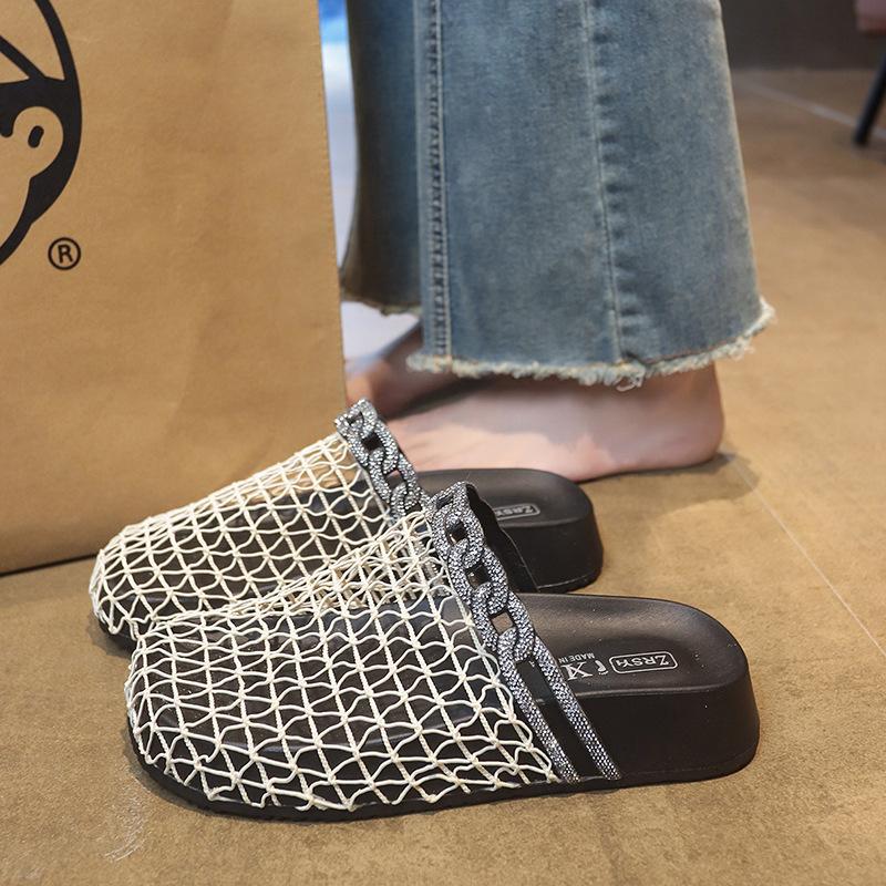 Design Sense Niche Baotou Sandals Women's 2025 New Summer Mesh Hollow Fashionable Rhinestone One Pedal Cool Slippers