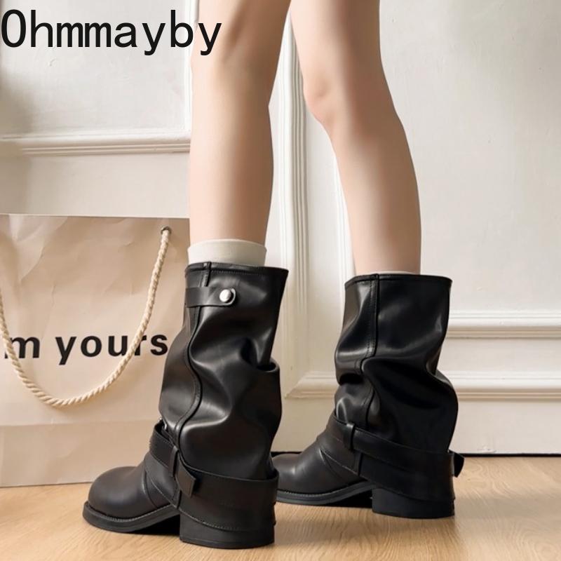 Winter Belt Buckle Women Pipe Ankle Cosy Soft Leather Ladies Concise Thick Heel Slim Short Booties De Mujer