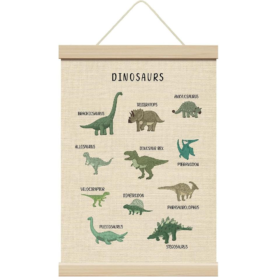ZEDEV Dinosaur Wall Decor, Poster Hanger with Wood Frames 12x16 Inches, Dino Educational Canvas Wall Art, Artwork Hanging Kit for Boy Toddler Room