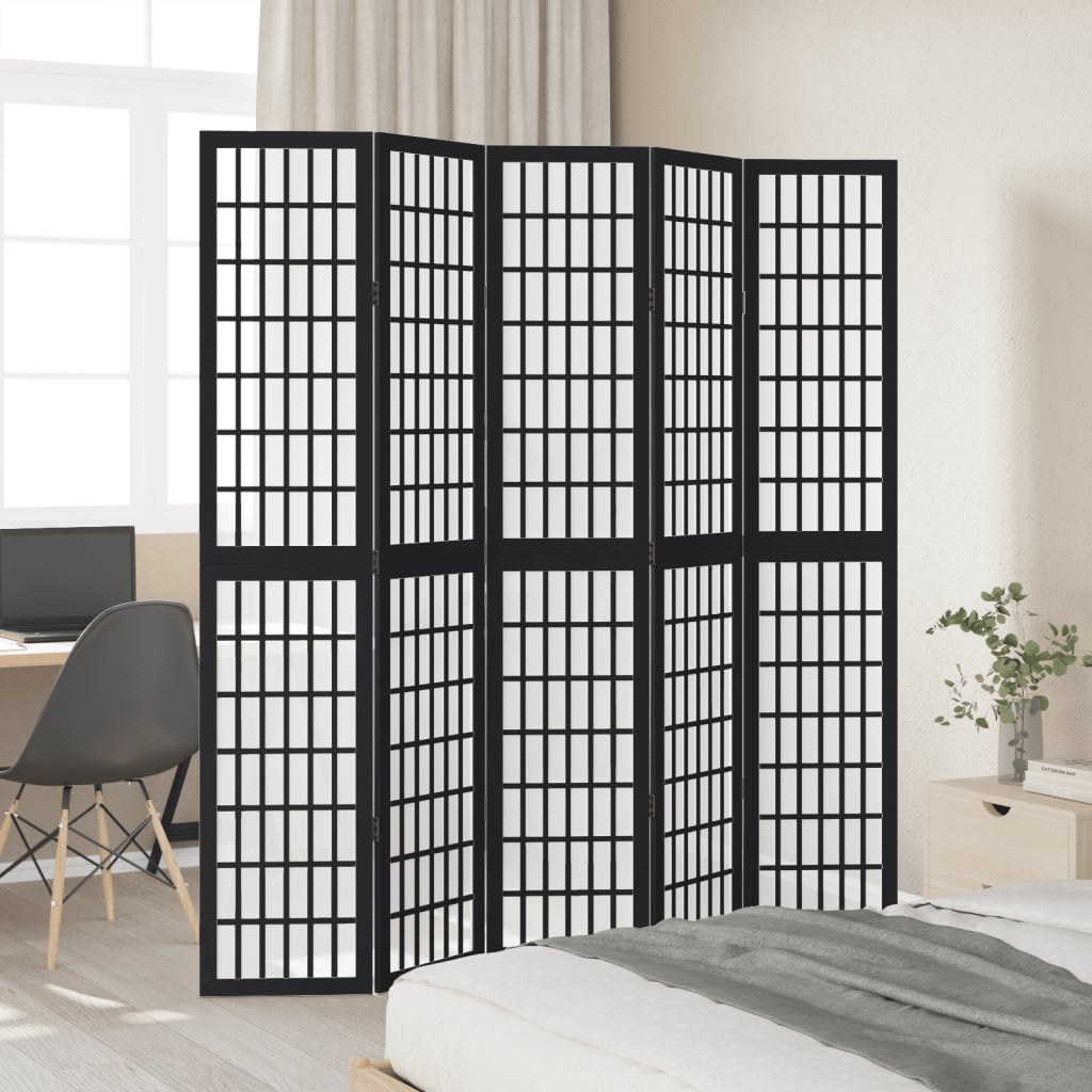 Vidaxl Room Divider, 5-Panel, Black, Solid Paulownia Wood