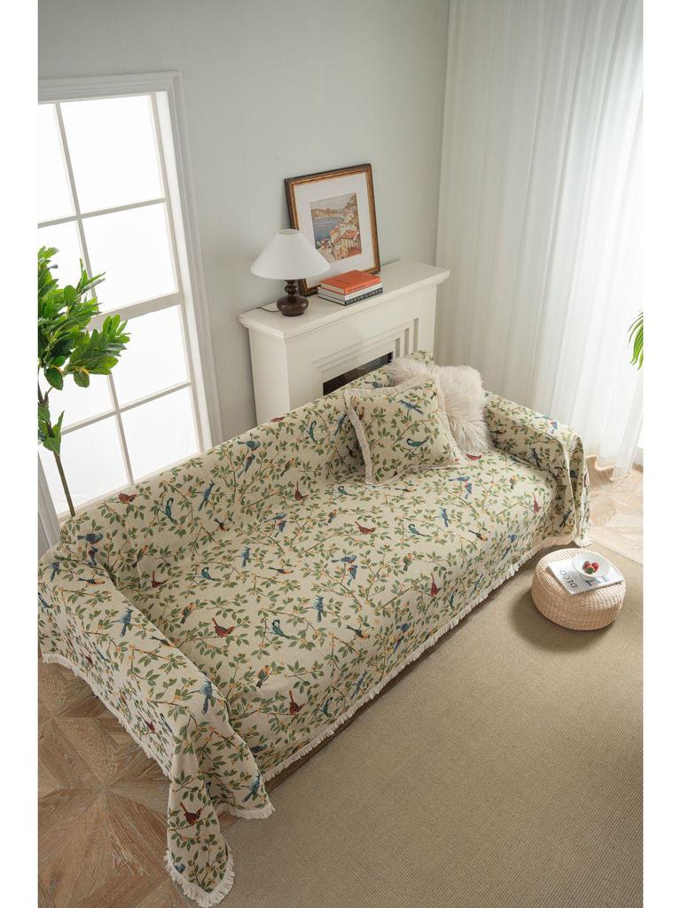 Pokrowiec żakardowy na sofę odporny na drapanie przez kota - Zielony, wzór retro kwiatowy i ptaki, świąteczny i gruby koc