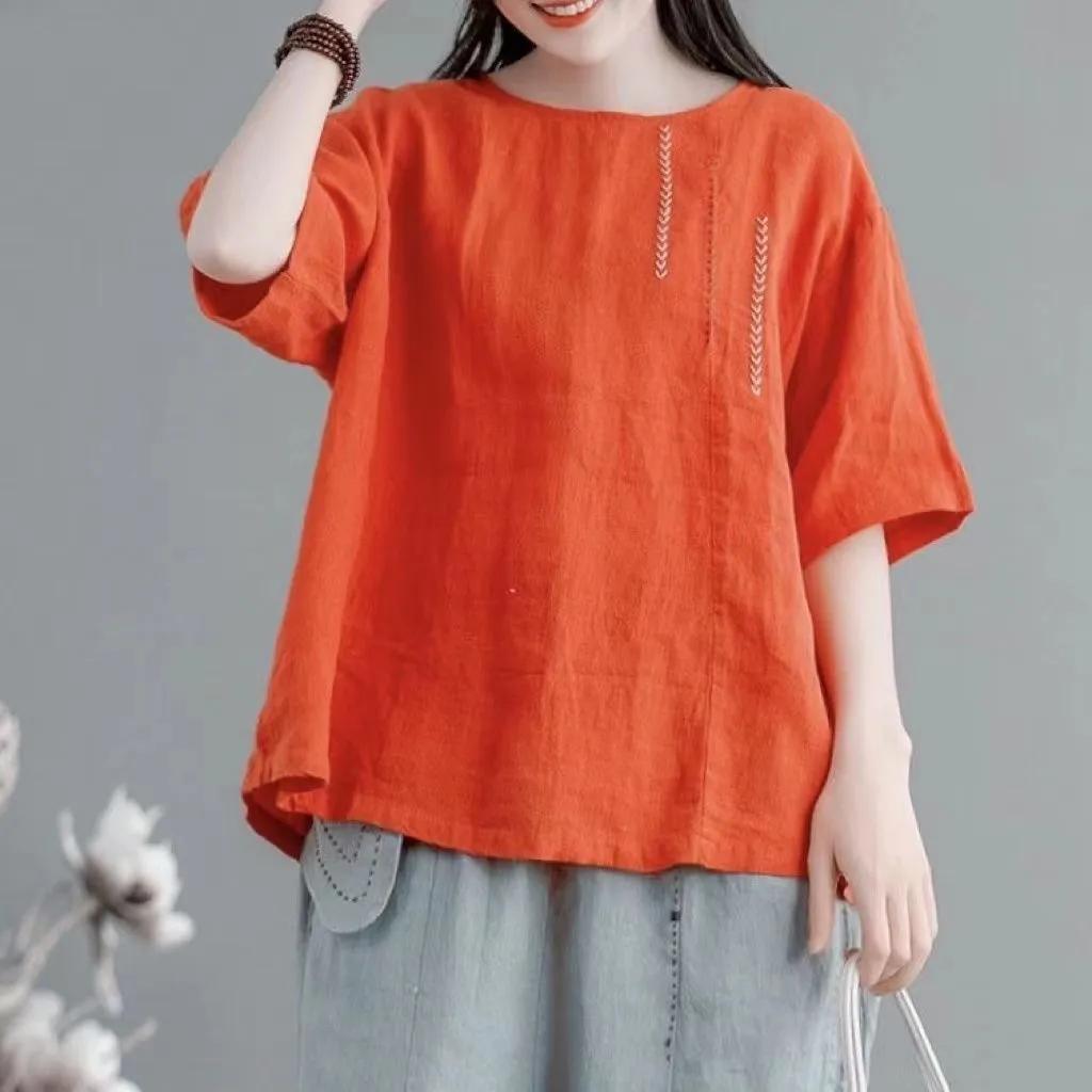 Female Summer Loose Short Sleeve T-Shirt Round Neck Embroidered Pullover Top
