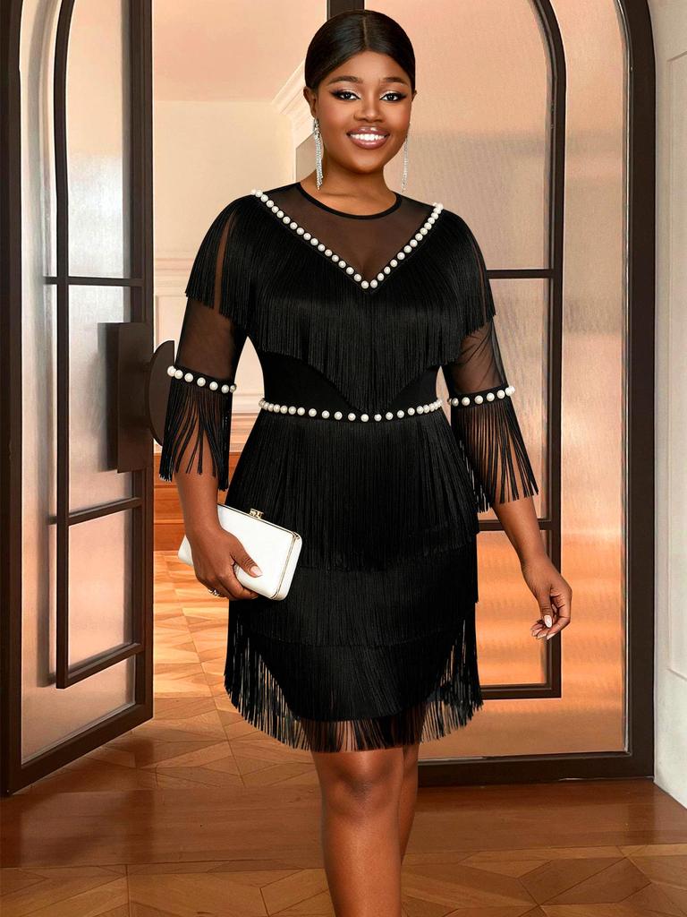 Plus Size Black Pearl Tassel Evening Gown with See-through Sleeves & Waist-Cinching Design