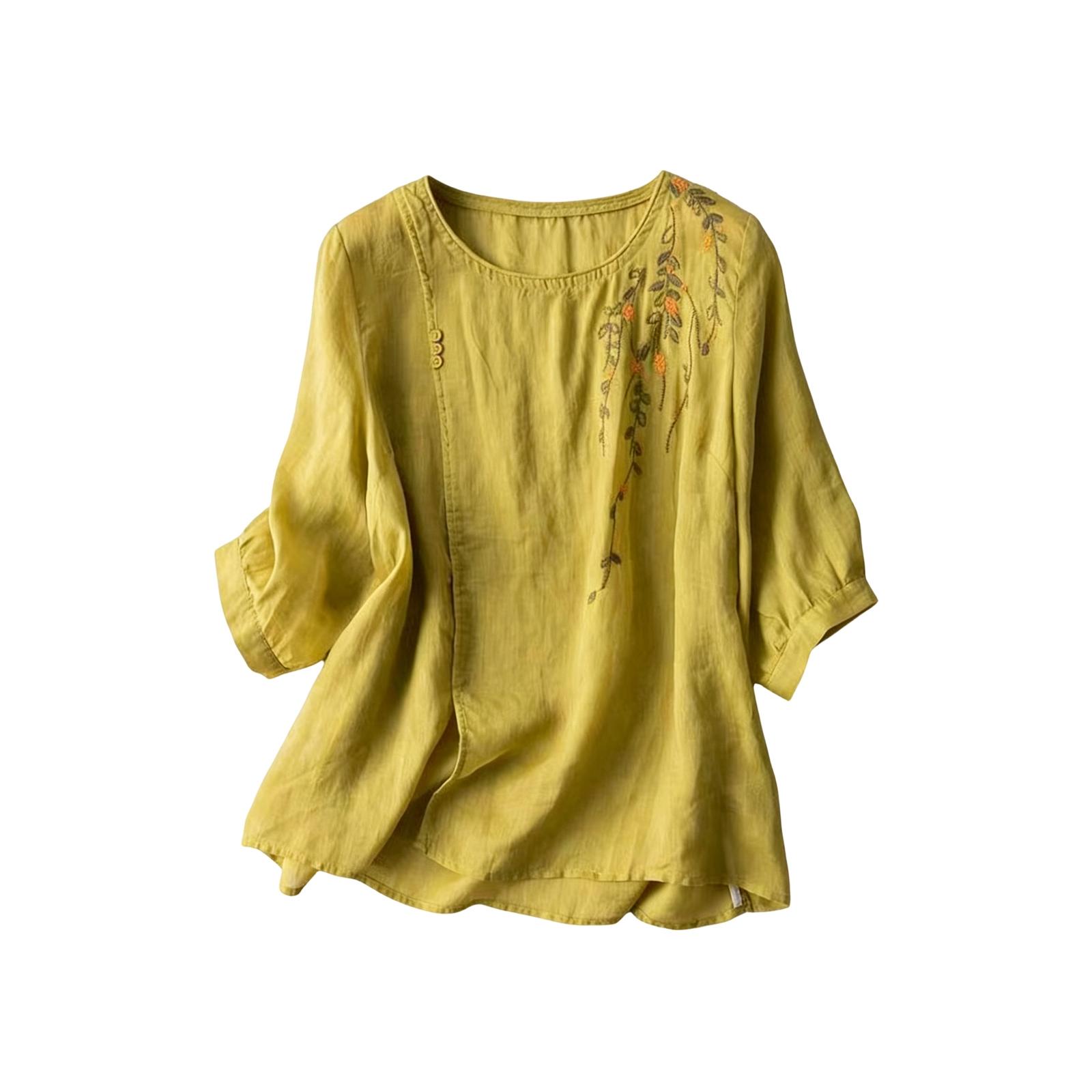 

Women s Embroidered Cotton Linen Fashionable Loose Casual Top XL жовтий