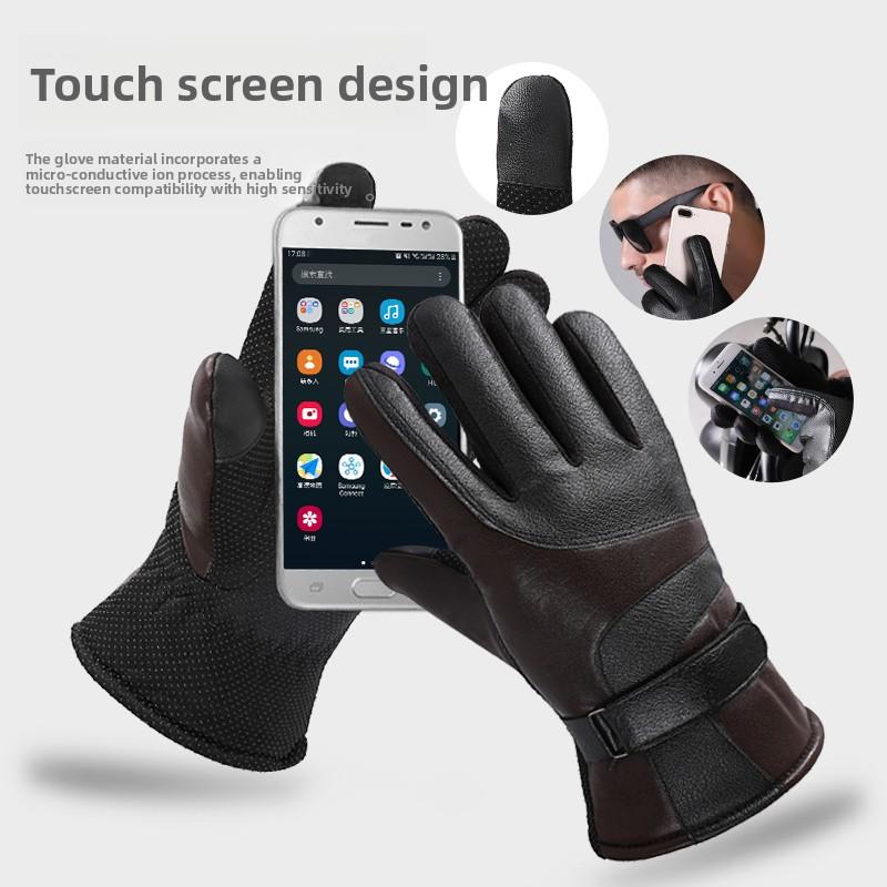 Leather gloves men's outdoor riding motorcycles in winter, windproof and cold-proof, warm and velvet, winter touch screen thickened gloves