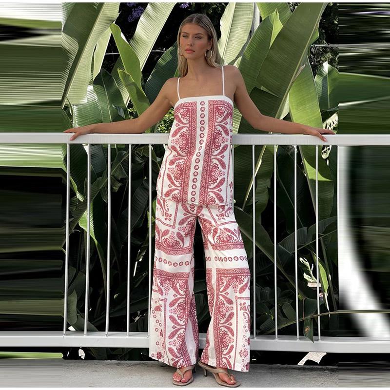 Vintage Print Strap Vest Pants Set Women Sleeveless Backless Tube Top Wide Leg Loose Trousers Female 2025 Fashion Holiday Suit