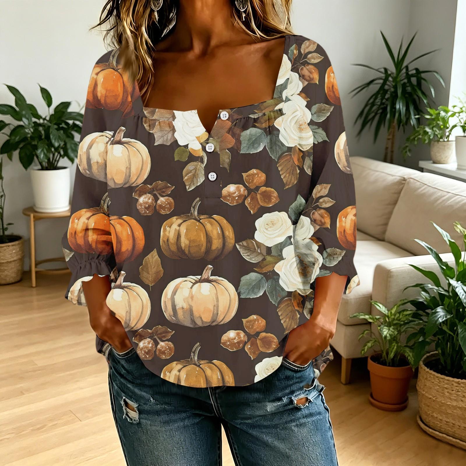 Women s 3D Printed Halloween Square Neck Button T-Shirt Top for Costume Party L