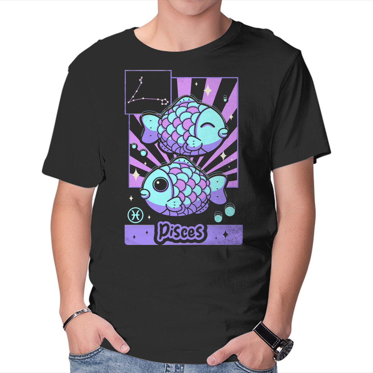 Unisex Crew Neck T-Shirt Kawaii Zodiac Pisces Graphic Short Sleeve Casual Tee L