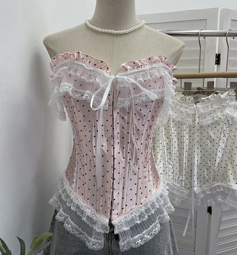 Retro Polka Dot Strapless Lace Trim Crop Top 