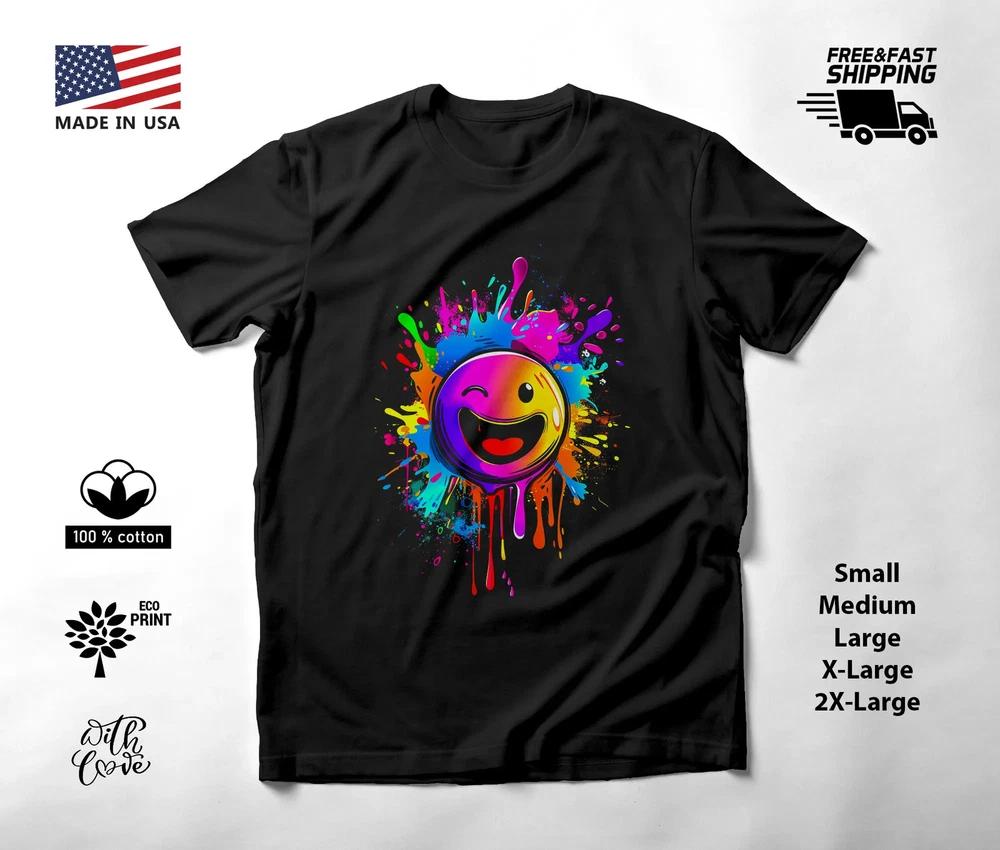 T-shirt Grafica al Neon Faccina Sorridente Nera Unisex S-2XL