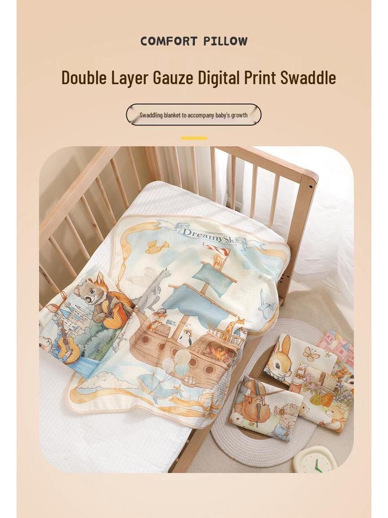 Newborn Cartoon Print Gauze Swaddle Blanket - Two-Layer Infant Wrap, Absorbent Bath Towel