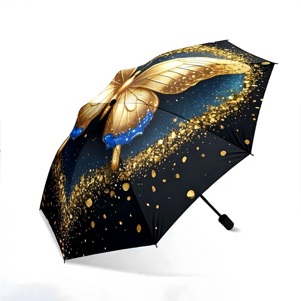 Portable Folding Umbrella with Golden Butterfly Design - Automatic Open/Close, 8-Rib Sturdy Frame, Compact Travel Umbrella for